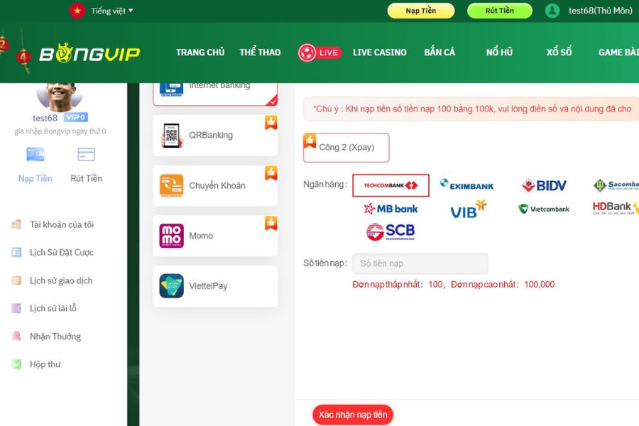 Quy trình nạp tiền vào tài khoản Bongvip.