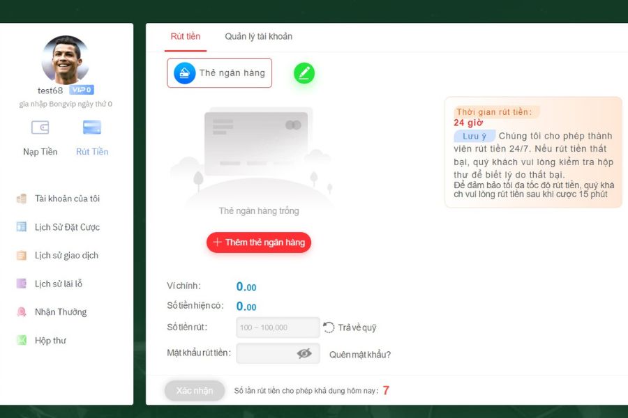 Quy trình rút tiền khỏi tài khoản Bongvip.